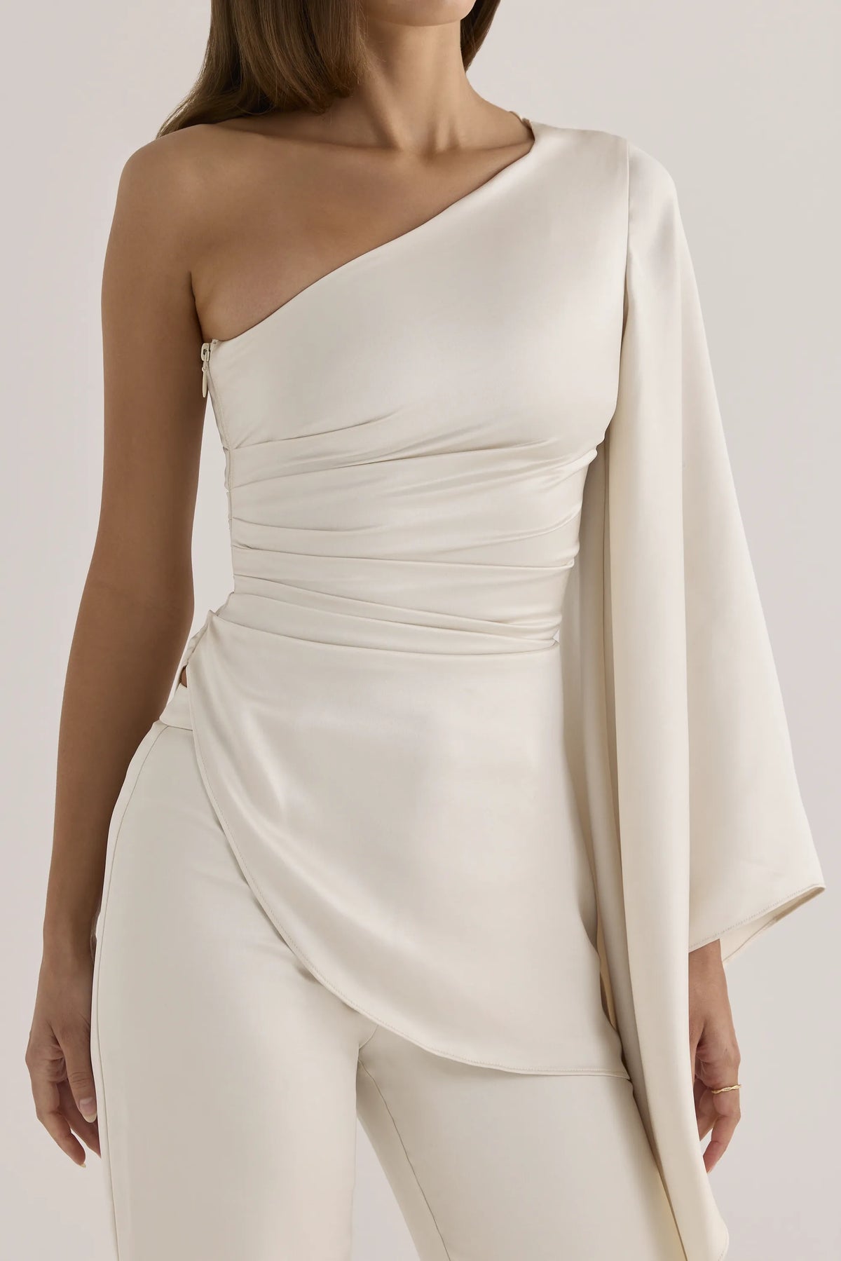 Nicolette Oyster Satin One Sleeve Asymmetric Draped Top