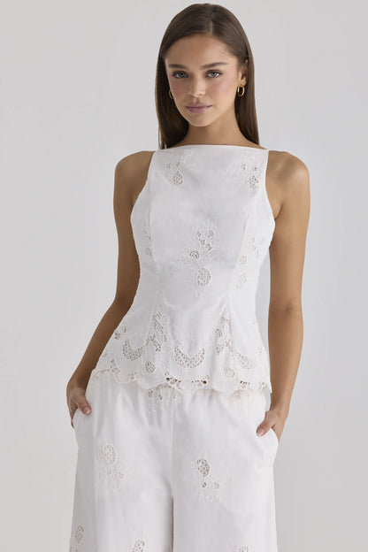 Nolia White Broderie Anglaise Cotton Bow Back Top