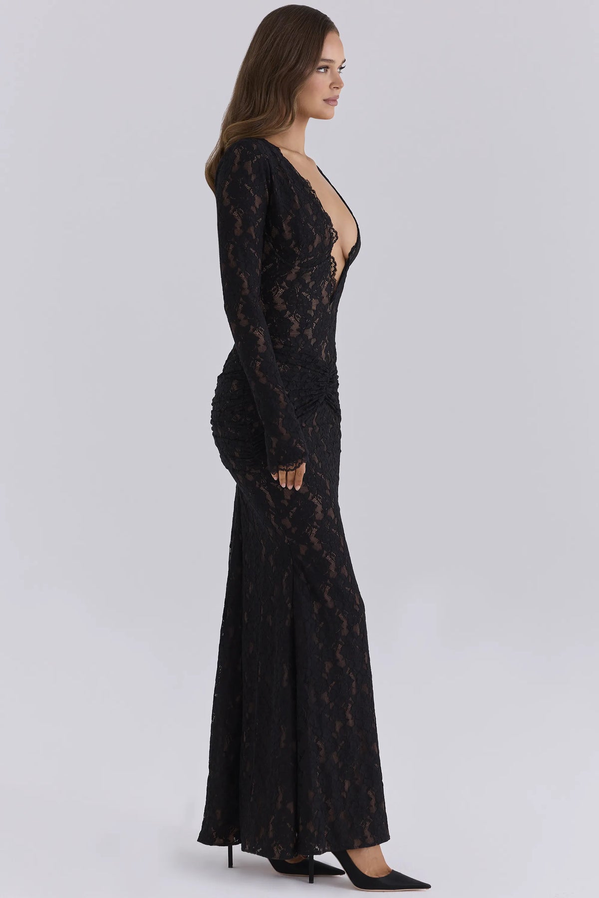 Nylah Midnight Plunging Lace Long Sleeve Maxi Dress