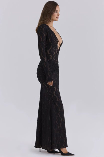 Nylah Midnight Plunging Lace Long Sleeve Maxi Dress
