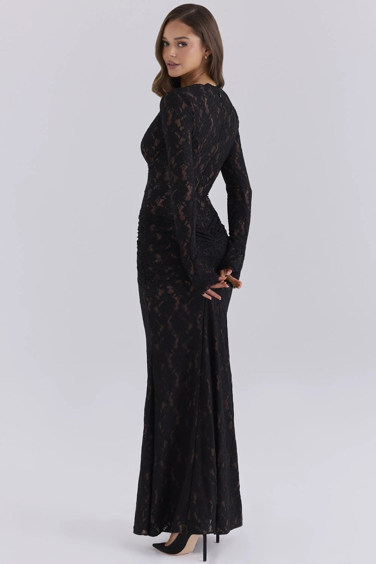 Nylah Midnight Plunging Lace Long Sleeve Maxi Dress