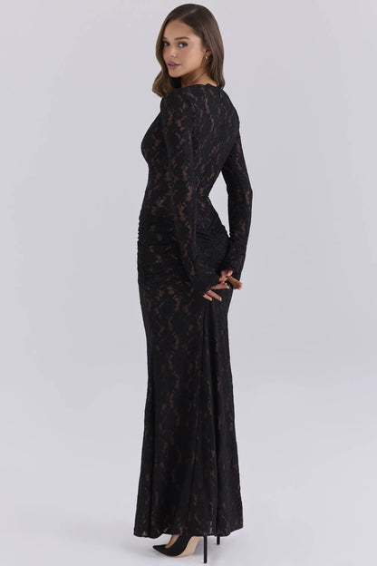 Nylah Midnight Plunging Lace Long Sleeve Maxi Dress