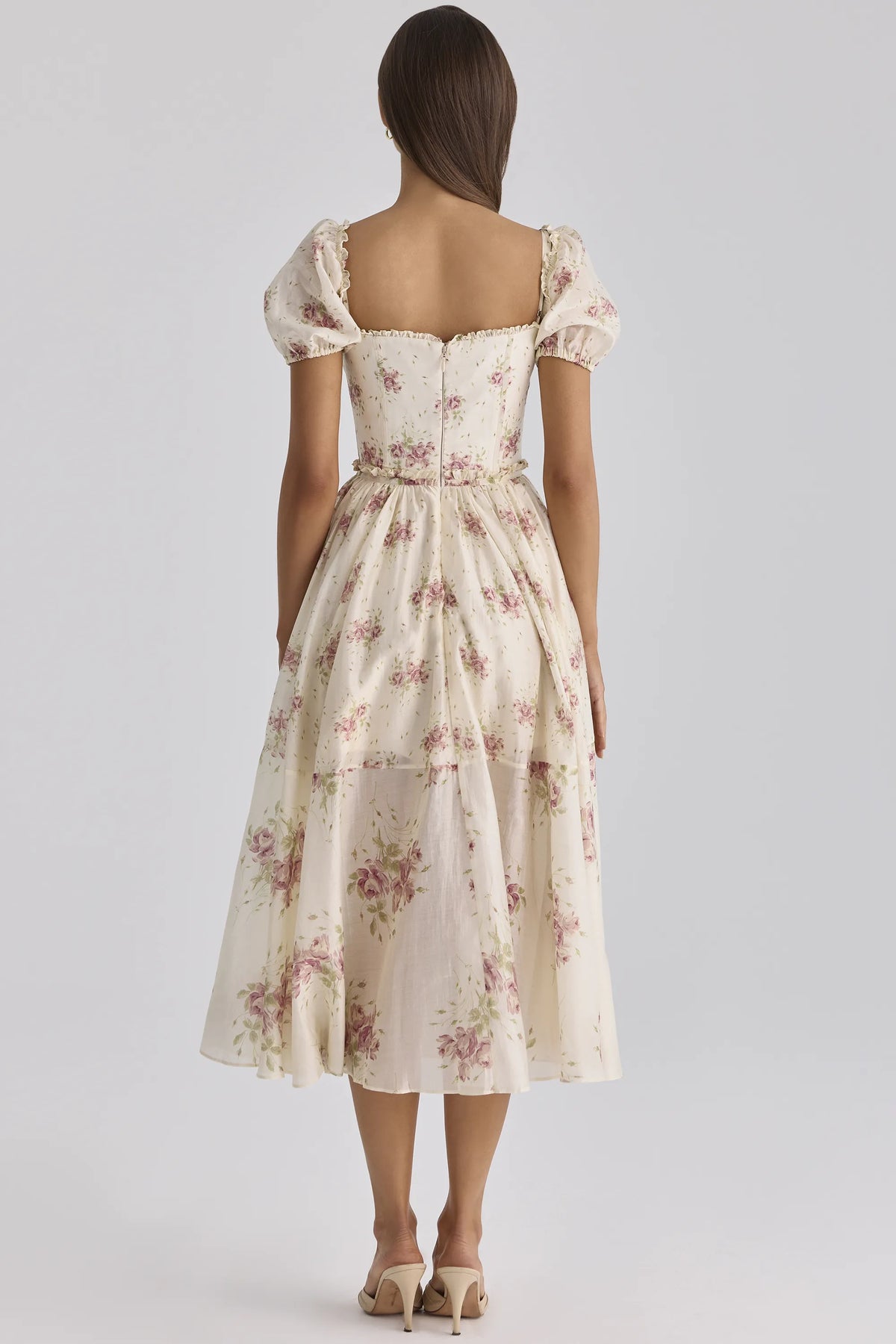Penelope Ivory Vintage Rose Print Chiffon Midi Dress