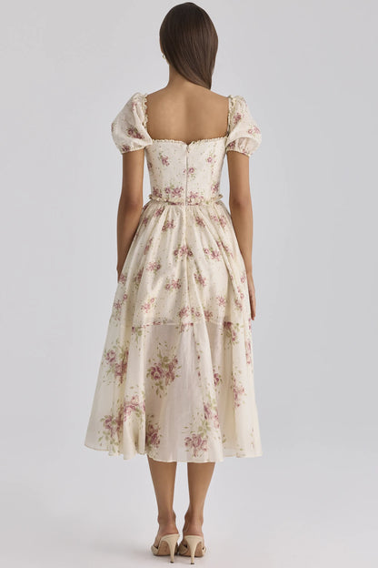 Penelope Ivory Vintage Rose Print Chiffon Midi Dress