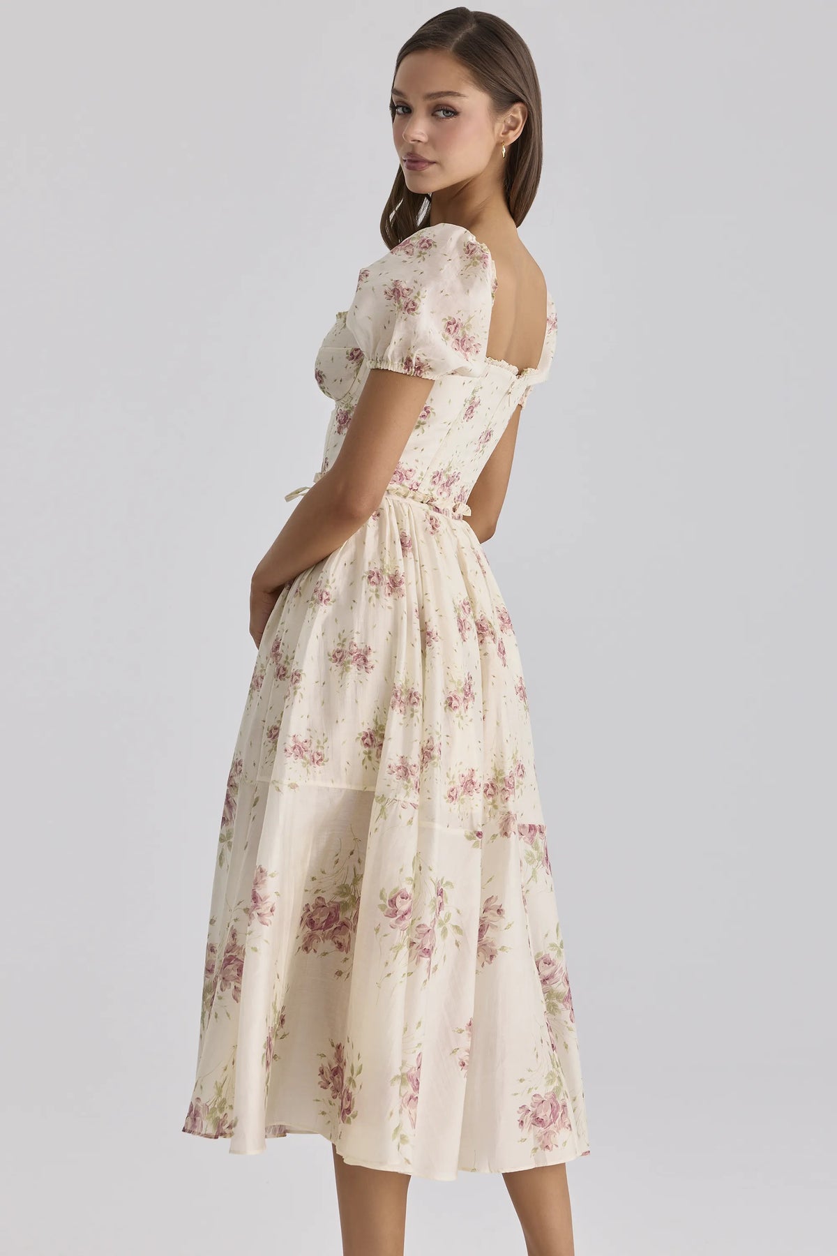 Penelope Ivory Vintage Rose Print Chiffon Midi Dress