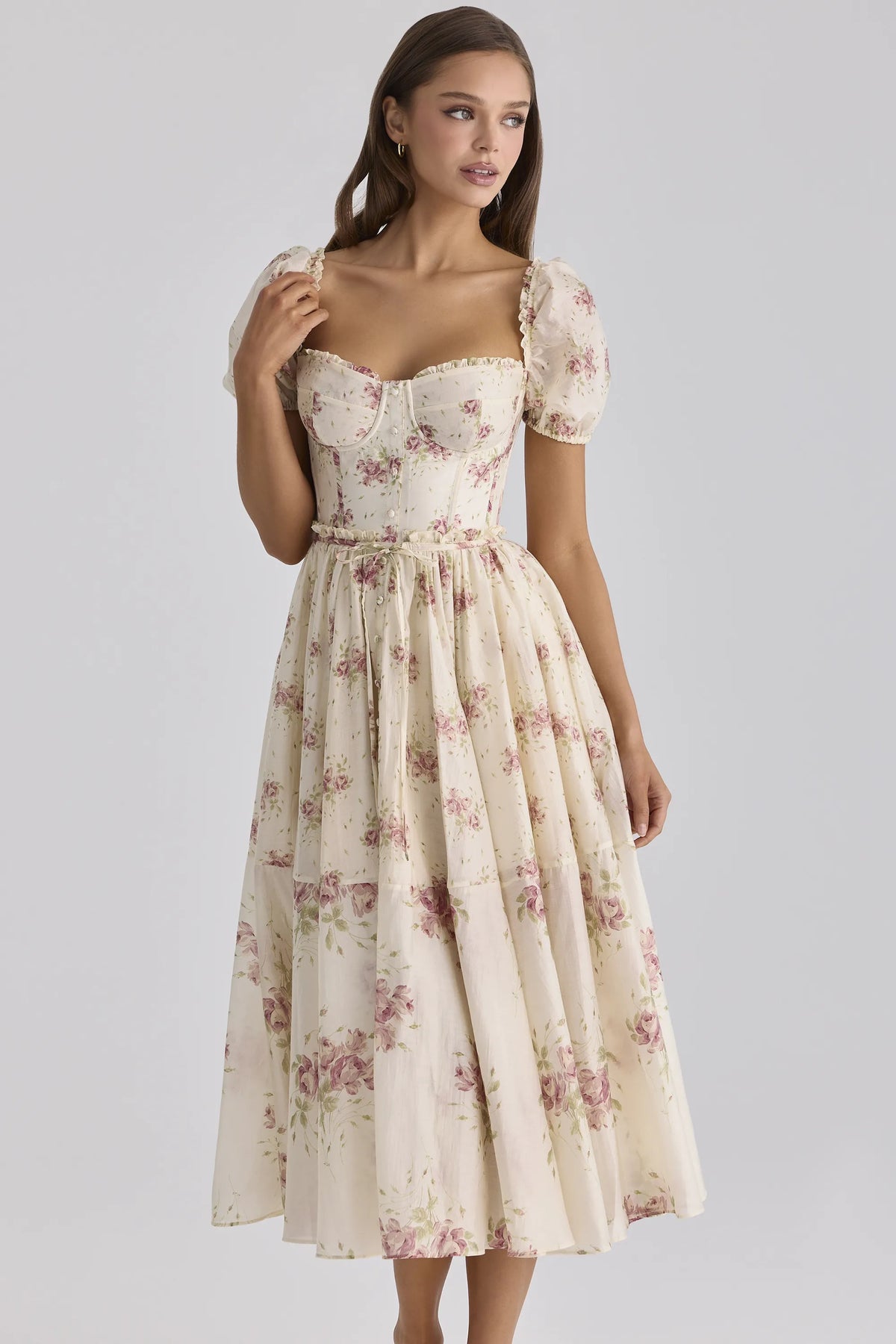 Penelope Ivory Vintage Rose Print Chiffon Midi Dress