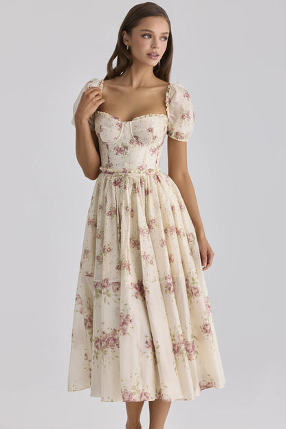 Penelope Ivory Vintage Rose Print Chiffon Midi Dress