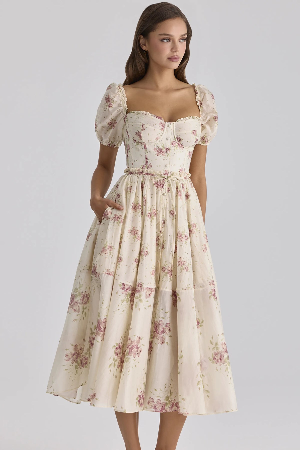Penelope Ivory Vintage Rose Print Chiffon Midi Dress