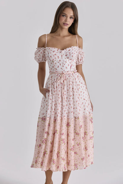 Penelope White Rose Print Georgette Ribbon Midi Dress