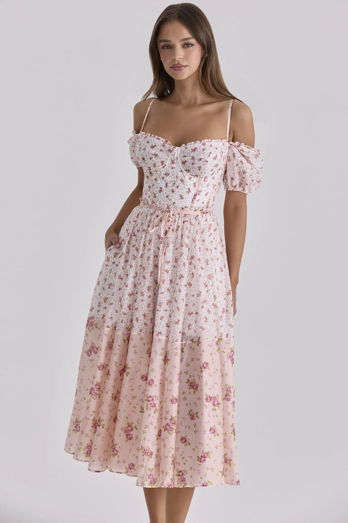 Penelope White Rose Print Georgette Ribbon Midi Dress