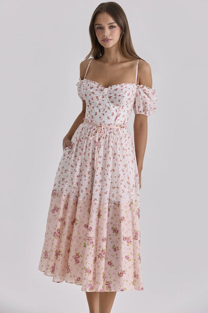 Penelope White Rose Print Georgette Ribbon Midi Dress
