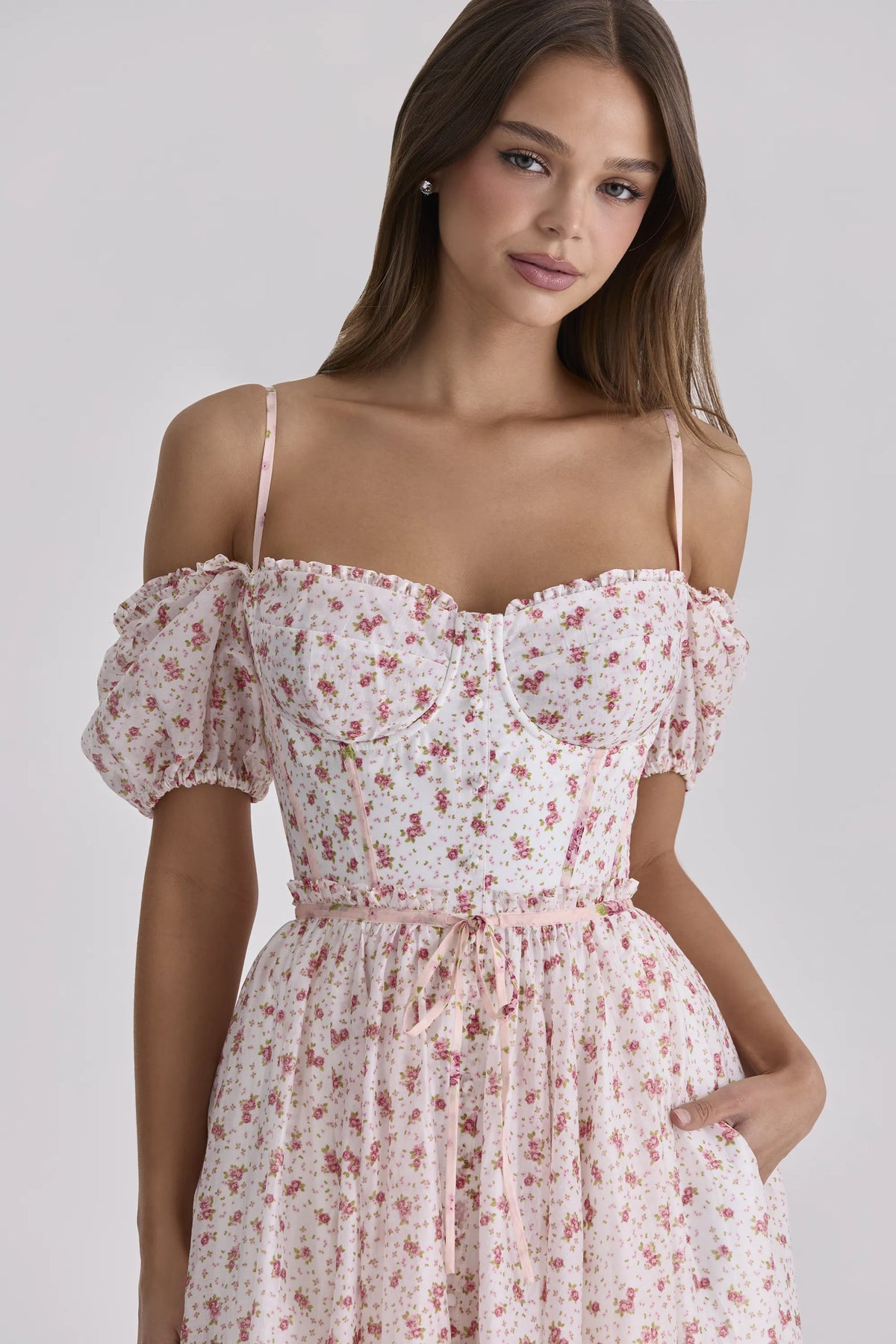 Penelope White Rose Print Georgette Ribbon Midi Dress