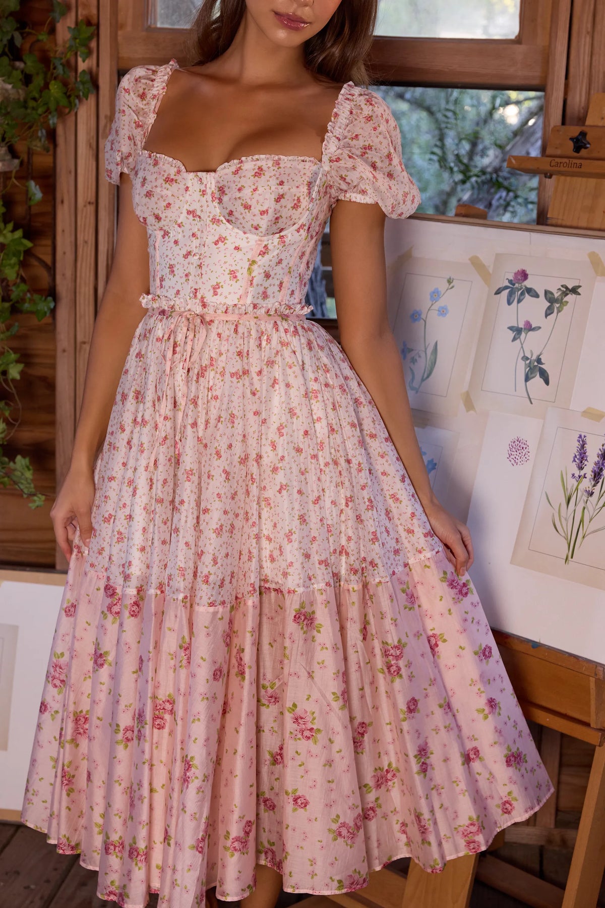 Penelope White Rose Print Georgette Ribbon Midi Dress