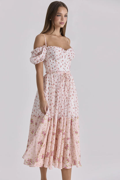 Penelope White Rose Print Georgette Ribbon Midi Dress