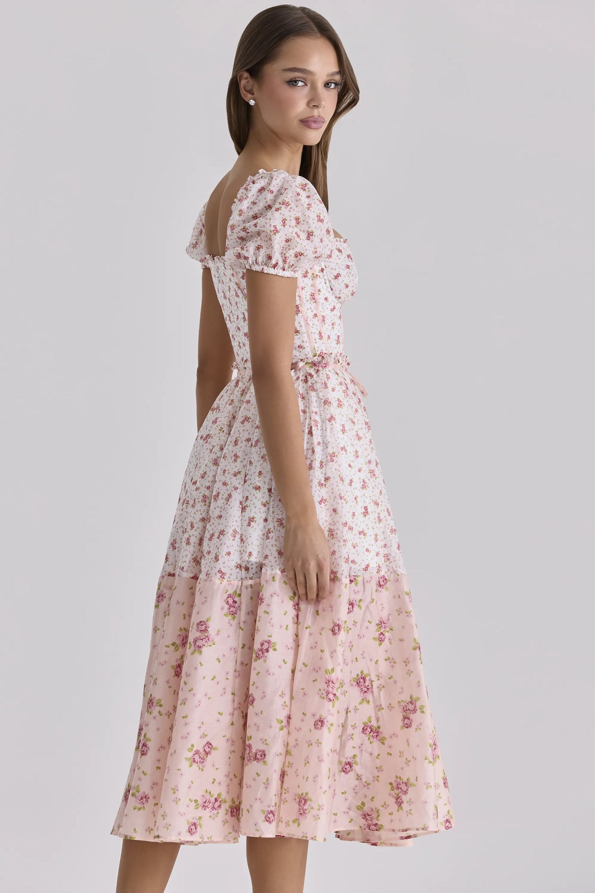Penelope White Rose Print Georgette Ribbon Midi Dress