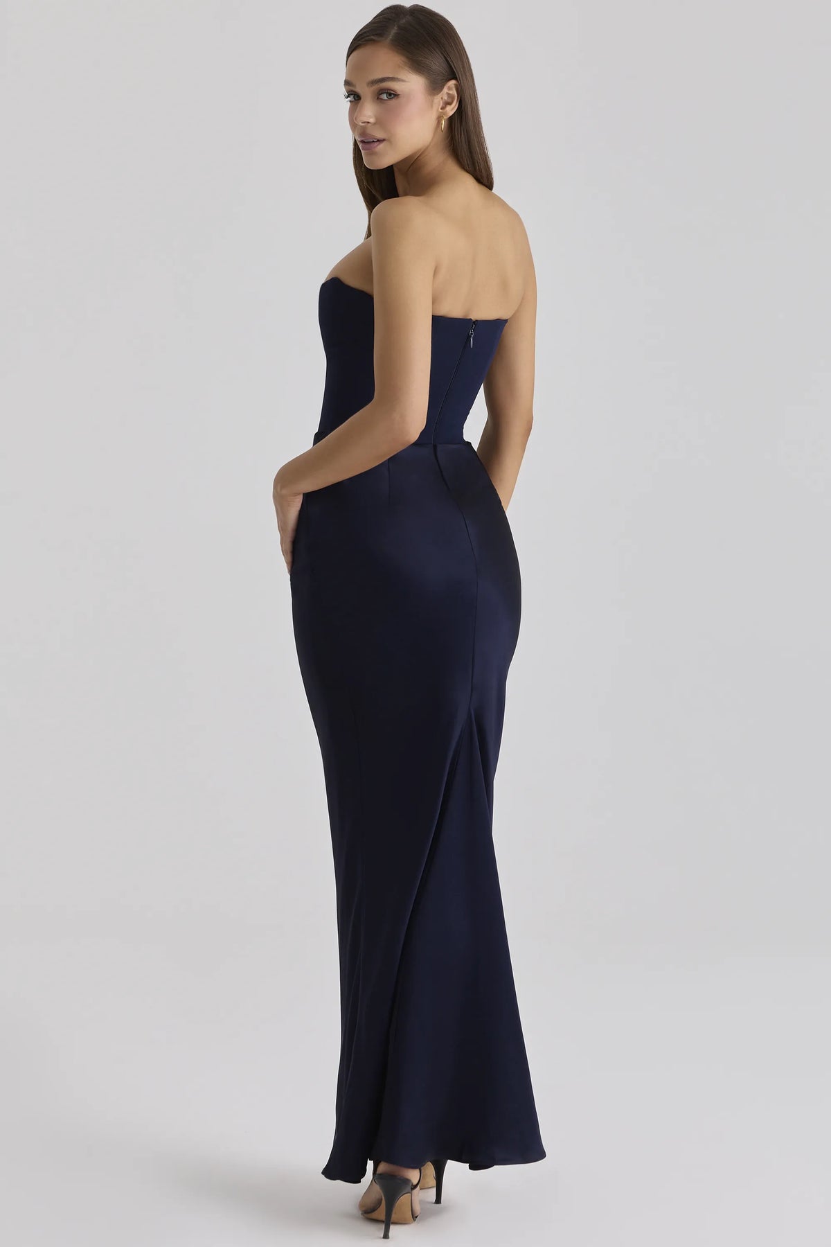 Persephone Navy Satin + Crepe Strapless Corset Maxi Dress