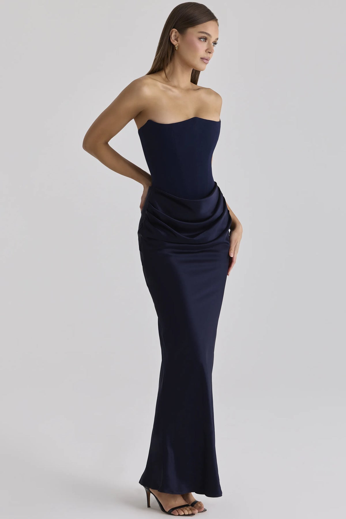 Persephone Navy Satin + Crepe Strapless Corset Maxi Dress
