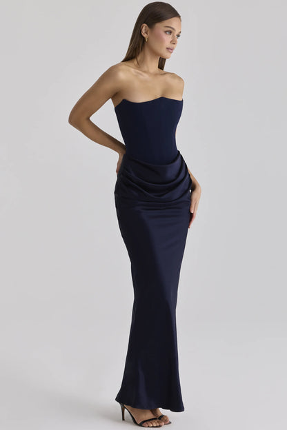 Persephone Navy Satin + Crepe Strapless Corset Maxi Dress