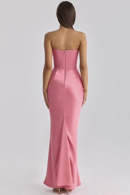 Persephone Raspberry Satin + Crepe Strapless Corset Maxi Dress