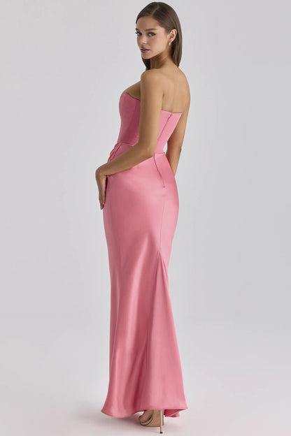 Persephone Raspberry Satin + Crepe Strapless Corset Maxi Dress