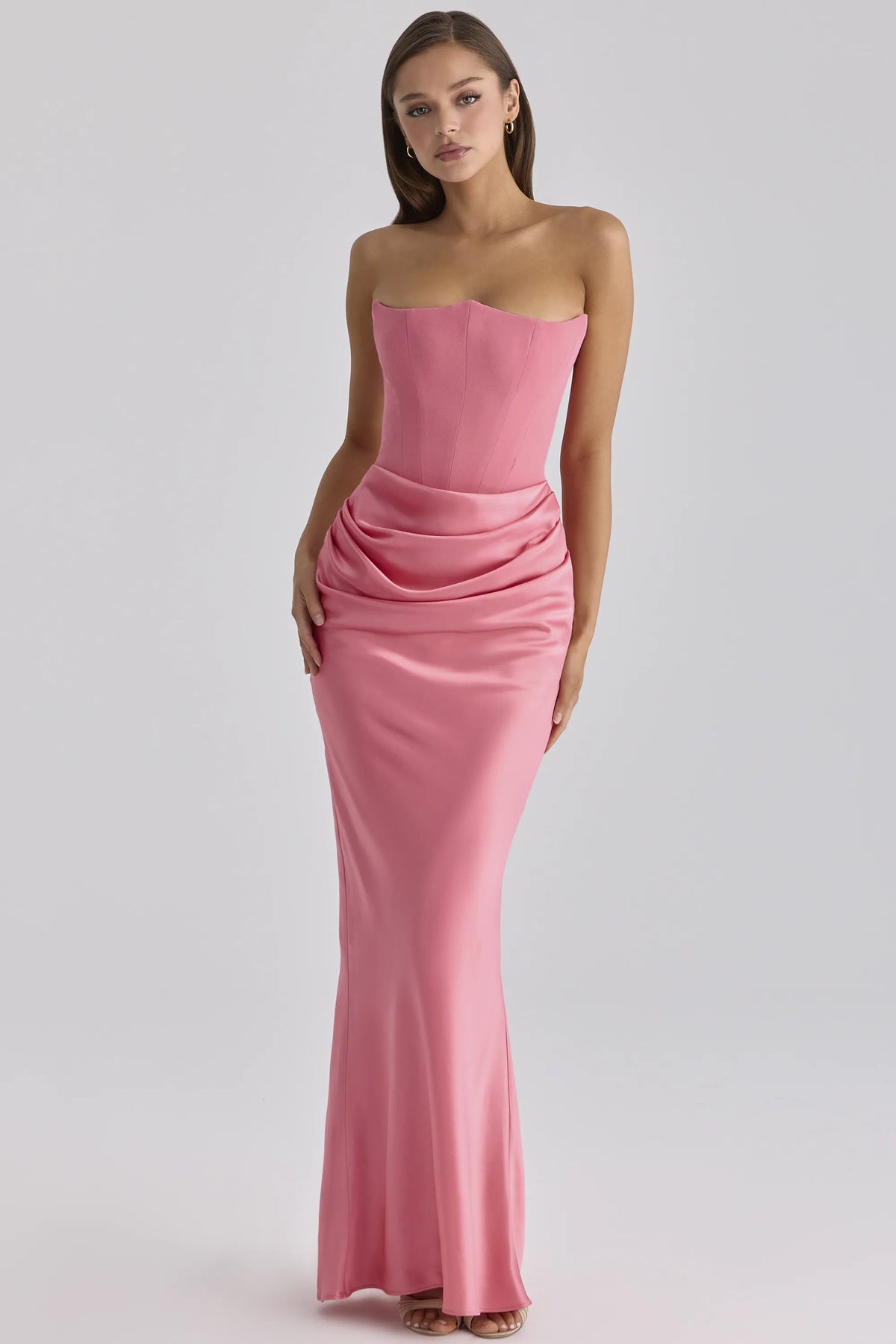 Persephone Raspberry Satin + Crepe Strapless Corset Maxi Dress