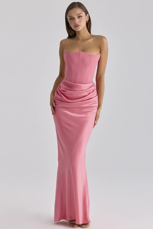 Persephone Raspberry Satin + Crepe Strapless Corset Maxi Dress