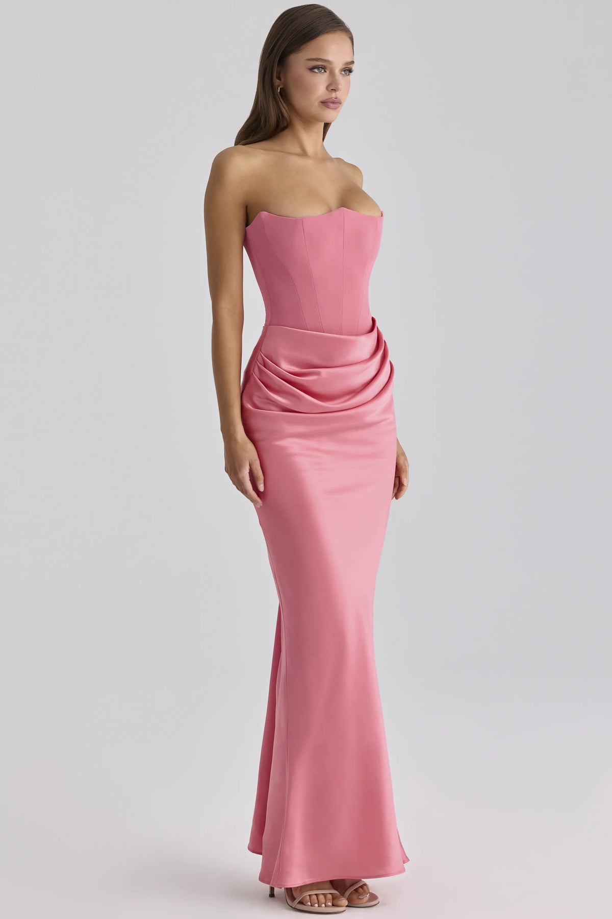 Persephone Raspberry Satin + Crepe Strapless Corset Maxi Dress