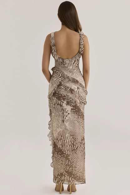 Pixie Animal Print Chiffon Ruffle Maxi Dress