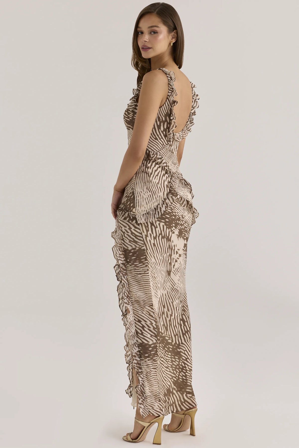 Pixie Animal Print Chiffon Ruffle Maxi Dress