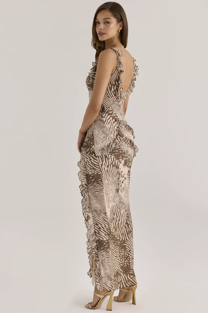 Pixie Animal Print Chiffon Ruffle Maxi Dress