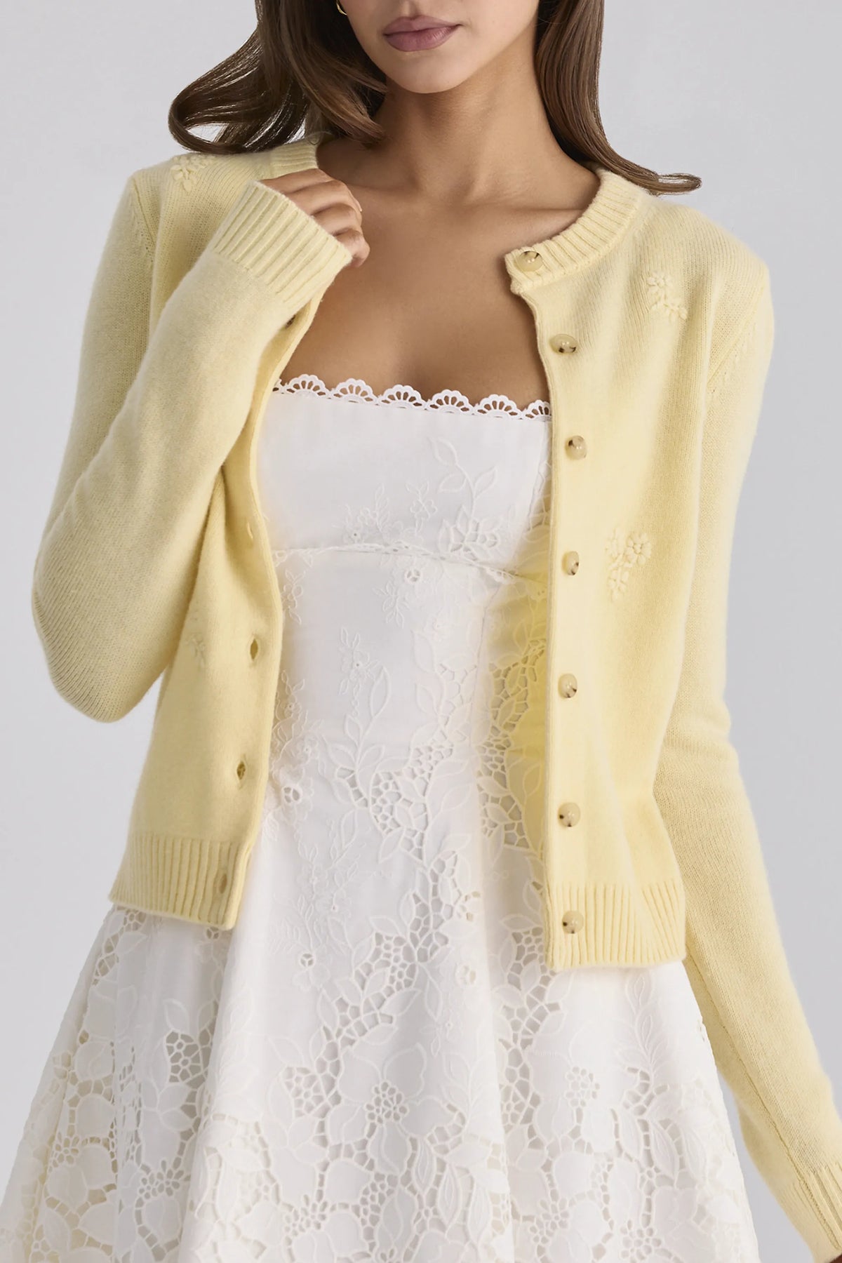 Poppie Lemon Wool + Cashmere Floral Embroidered Cardigan