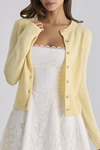 Poppie Lemon Wool + Cashmere Floral Embroidered Cardigan