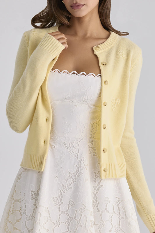 Poppie Lemon Wool + Cashmere Floral Embroidered Cardigan