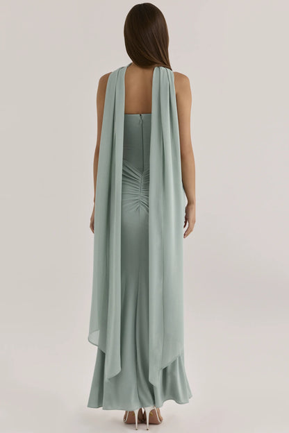 Portia Jade Crepe Strapless Maxi Dress With Detachable Georgette Cape