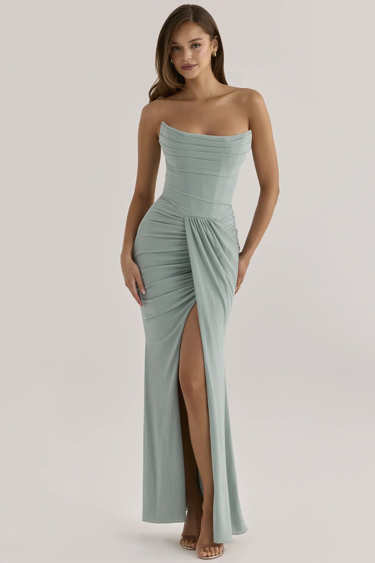 Portia Jade Crepe Strapless Maxi Dress With Detachable Georgette Cape