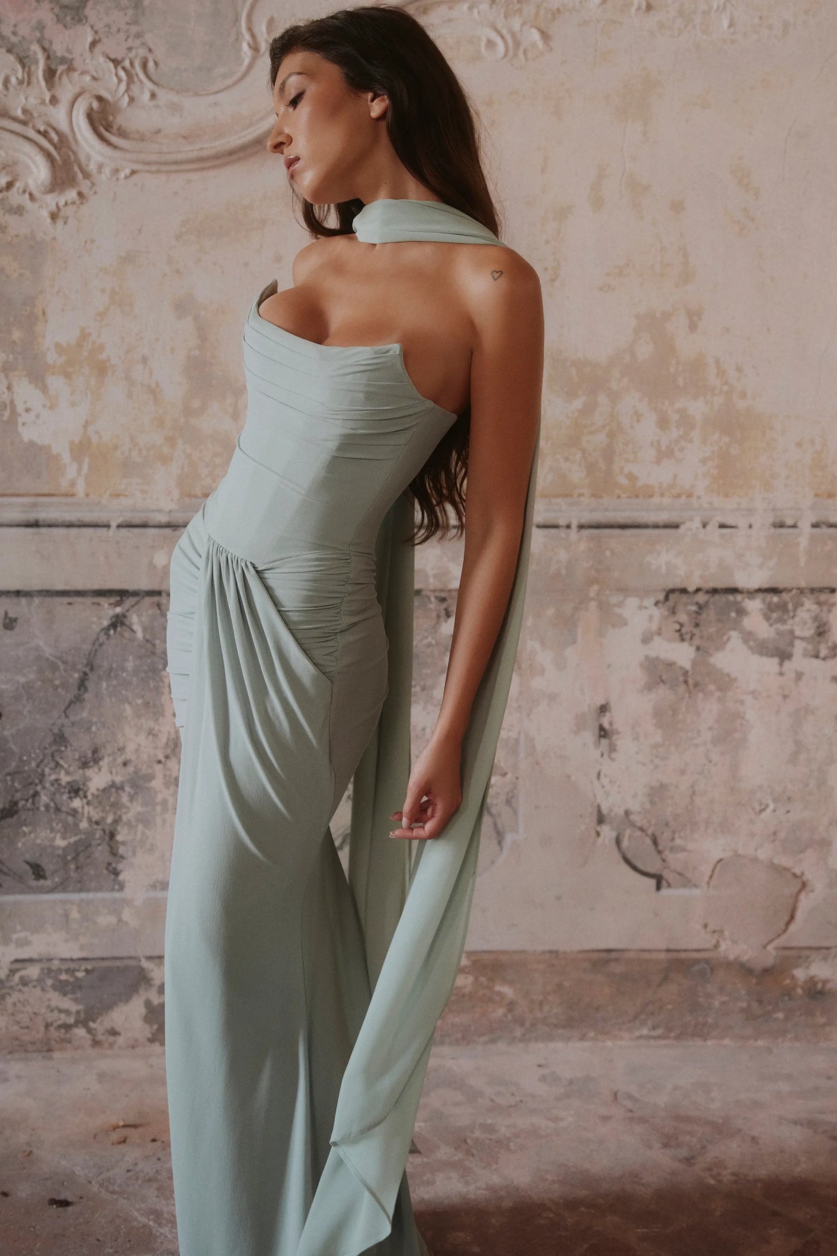 Portia Jade Crepe Strapless Maxi Dress With Detachable Georgette Cape