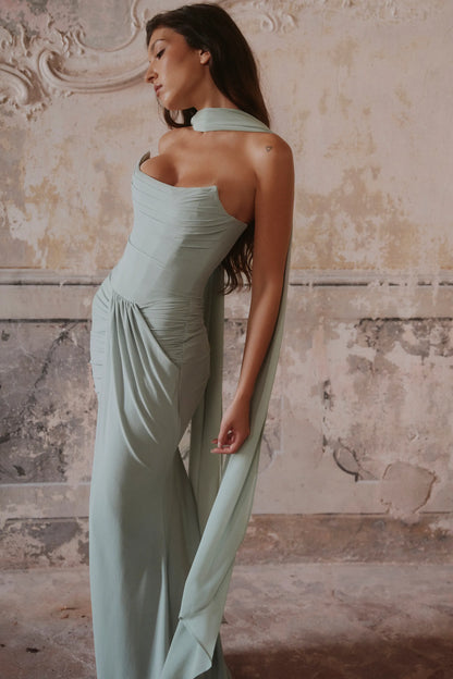 Portia Jade Crepe Strapless Maxi Dress With Detachable Georgette Cape
