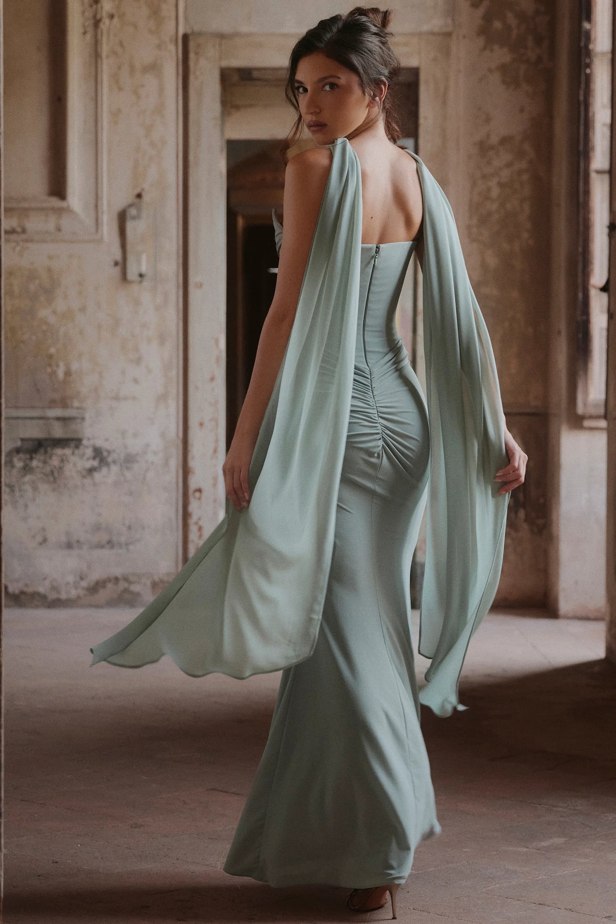 Portia Jade Crepe Strapless Maxi Dress With Detachable Georgette Cape