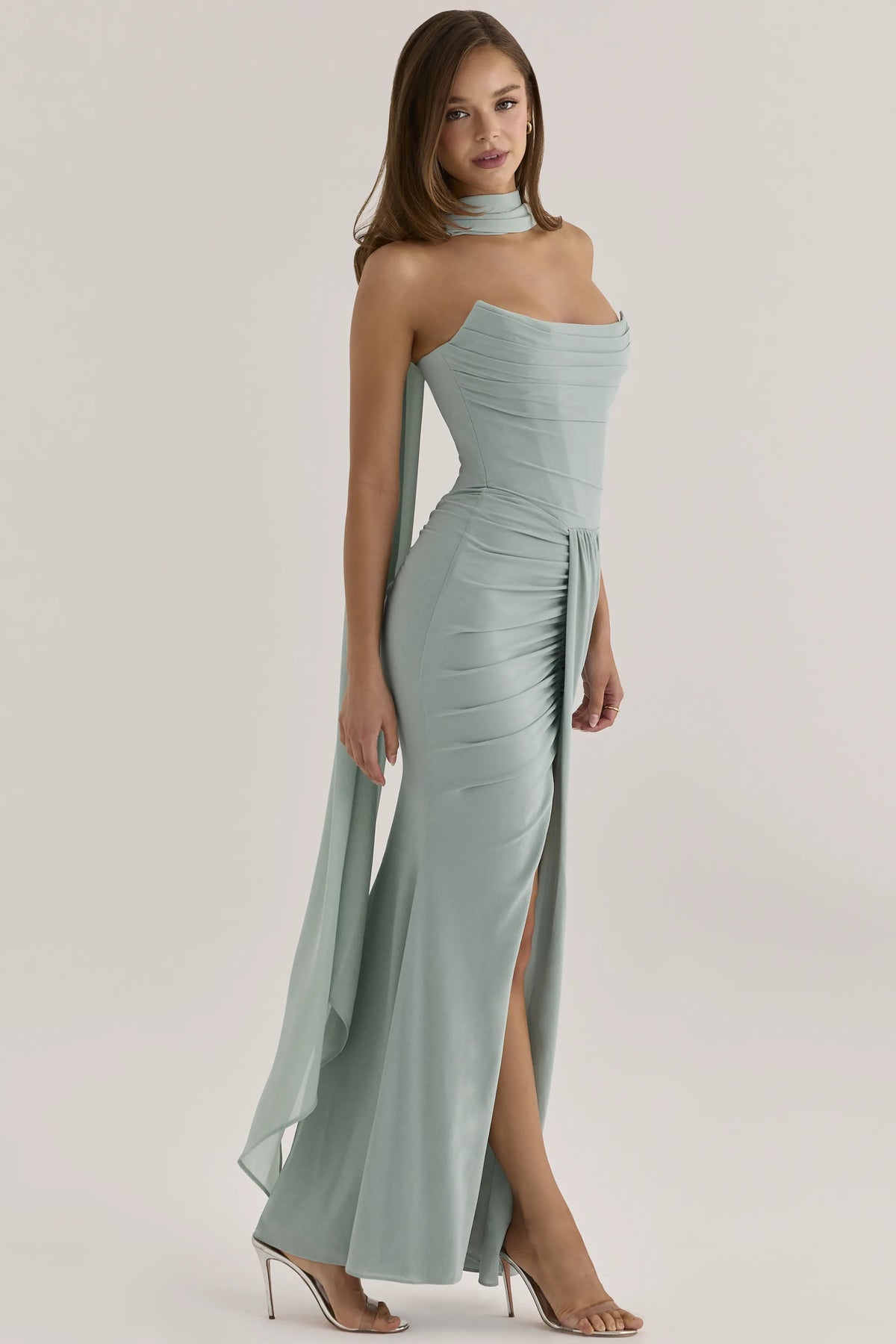Portia Jade Crepe Strapless Maxi Dress With Detachable Georgette Cape