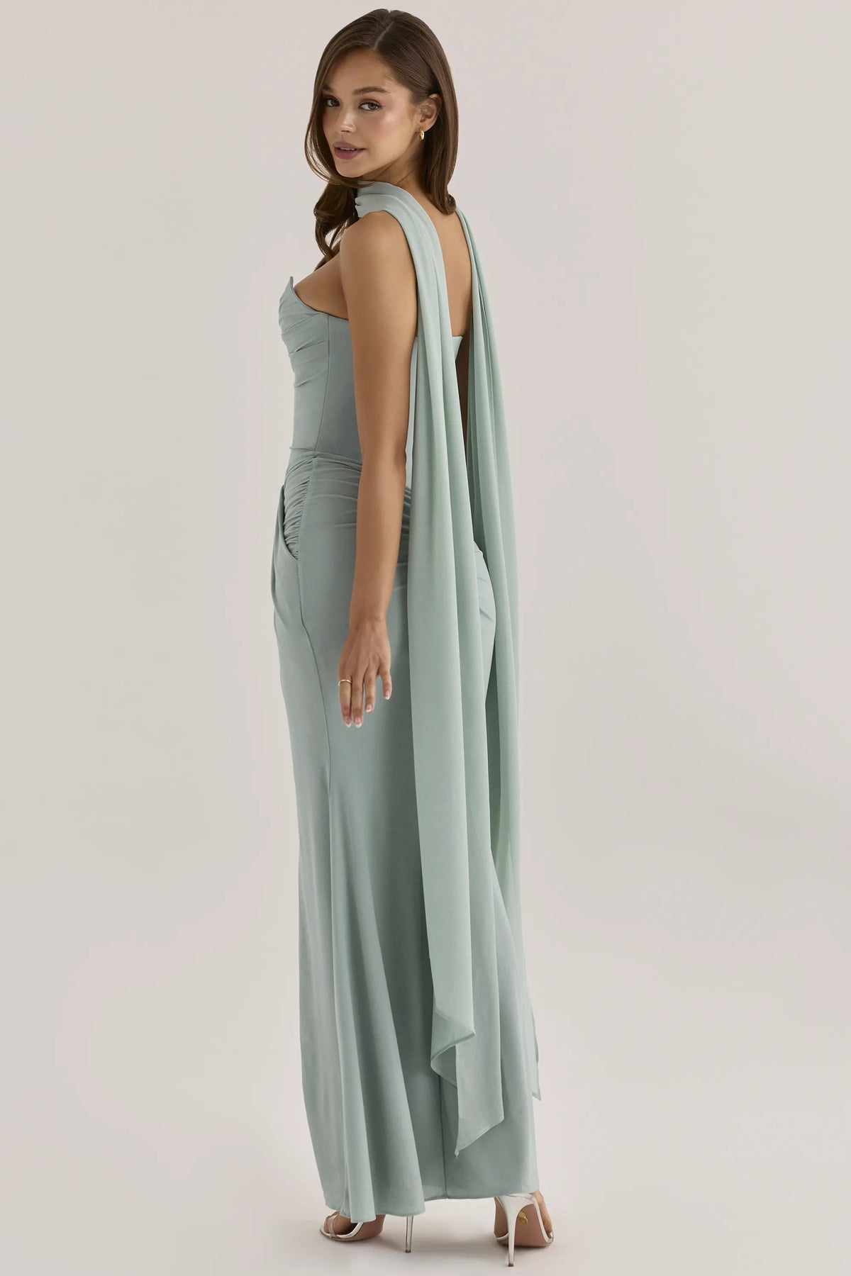 Portia Jade Crepe Strapless Maxi Dress With Detachable Georgette Cape