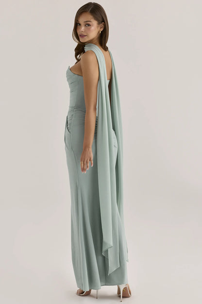 Portia Jade Crepe Strapless Maxi Dress With Detachable Georgette Cape