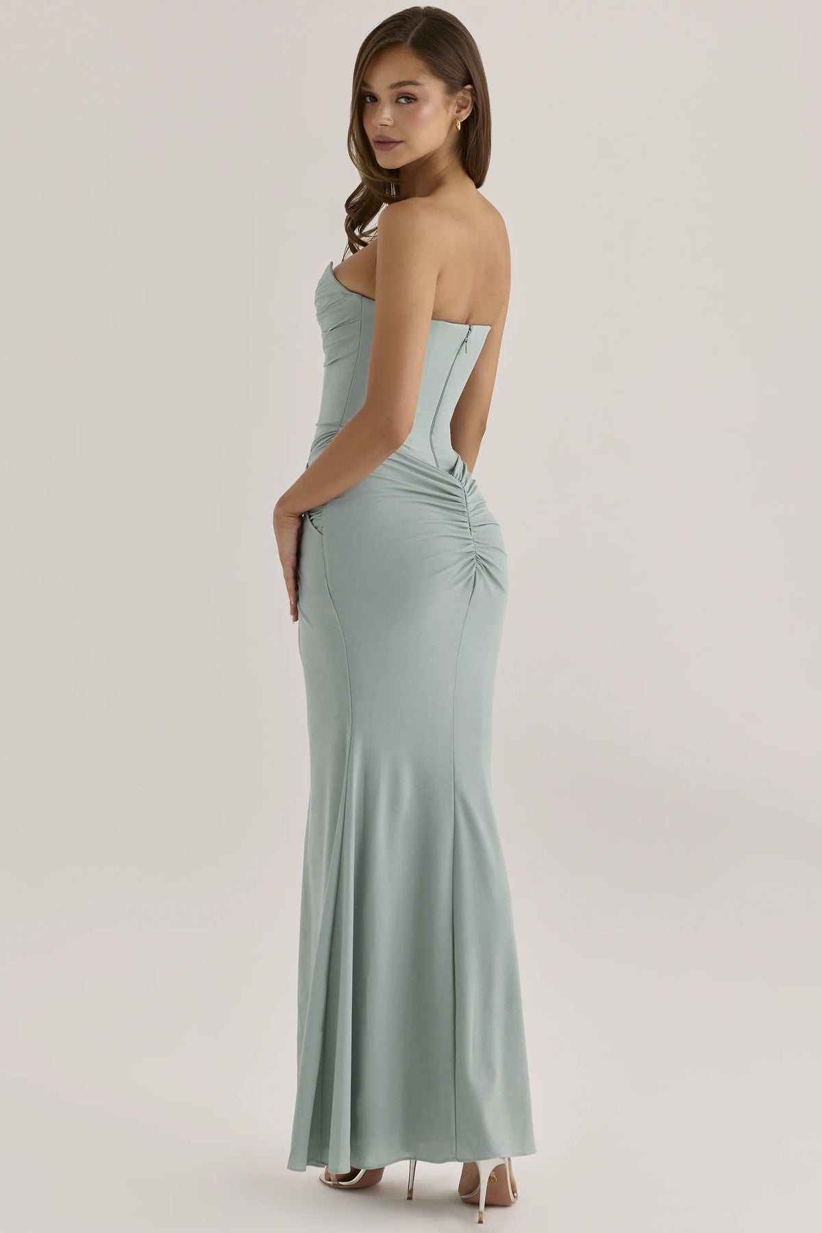 Portia Jade Crepe Strapless Maxi Dress With Detachable Georgette Cape