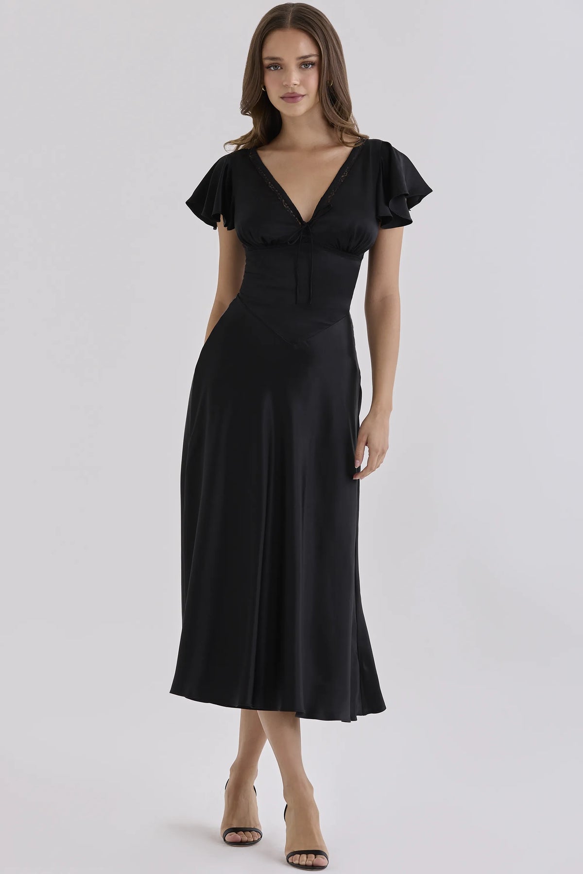 Ravella Black Real Silk V-Neck Midi Tea Dress