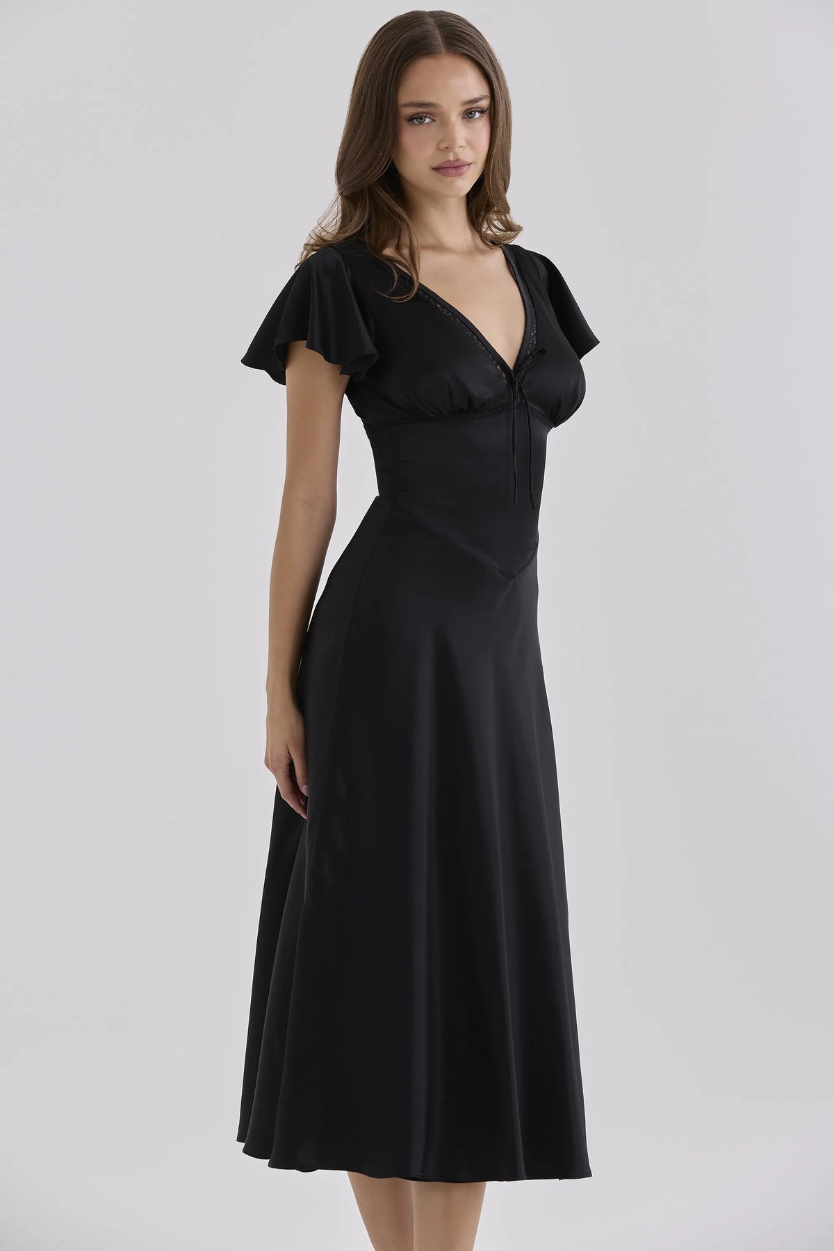 Ravella Black Real Silk V-Neck Midi Tea Dress