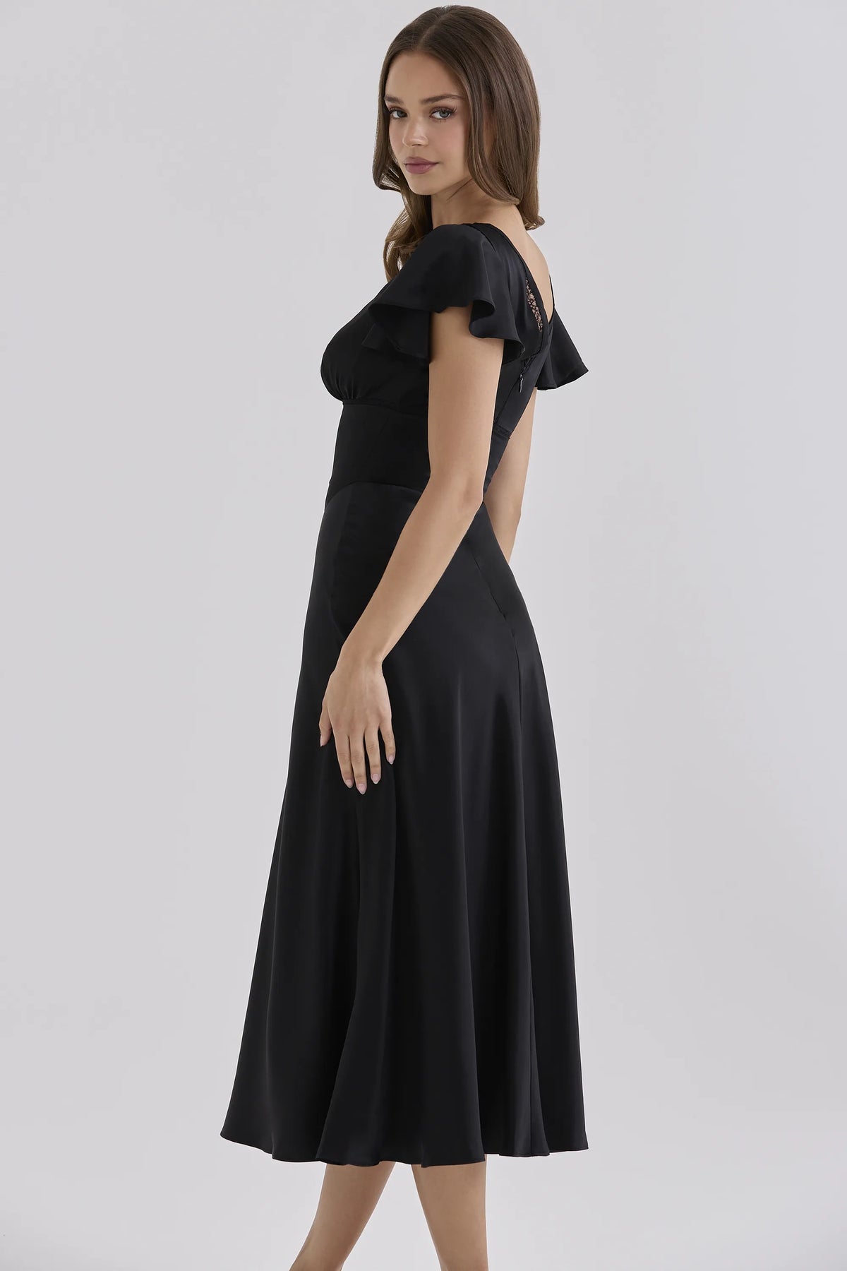 Ravella Black Real Silk V-Neck Midi Tea Dress