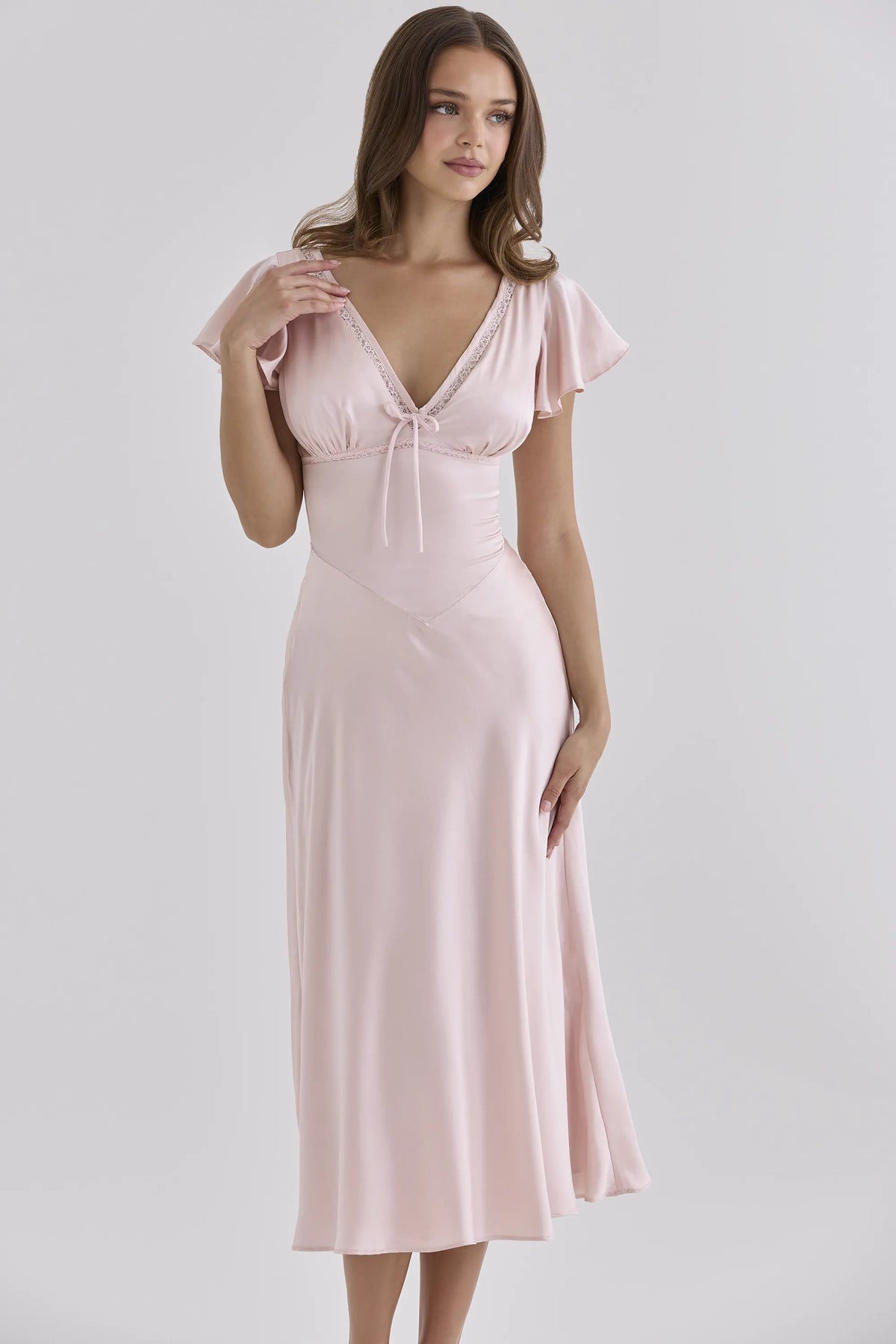Ravella Pink Real Silk V-Neck Midi Tea Dress