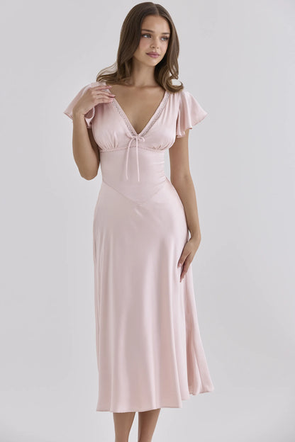 Ravella Pink Real Silk V-Neck Midi Tea Dress