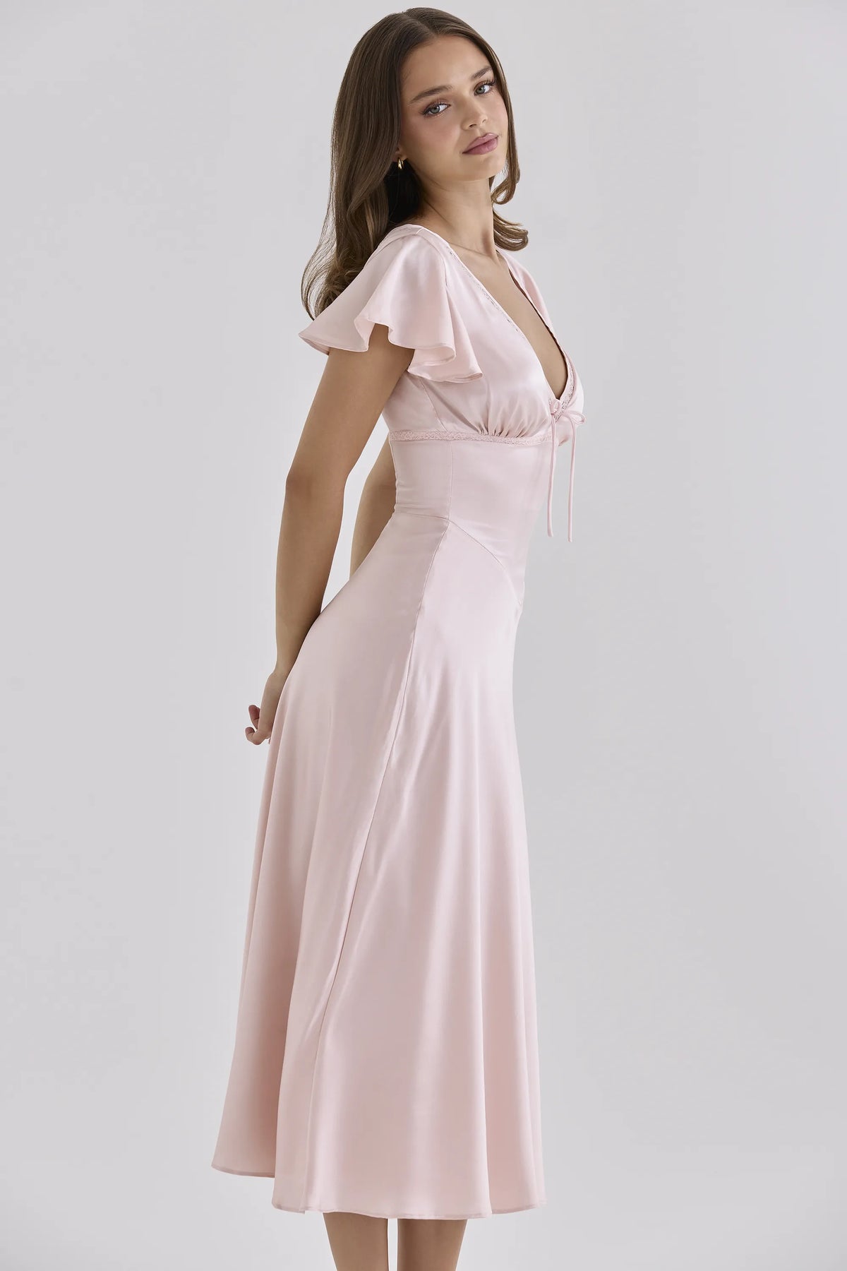 Ravella Pink Real Silk V-Neck Midi Tea Dress