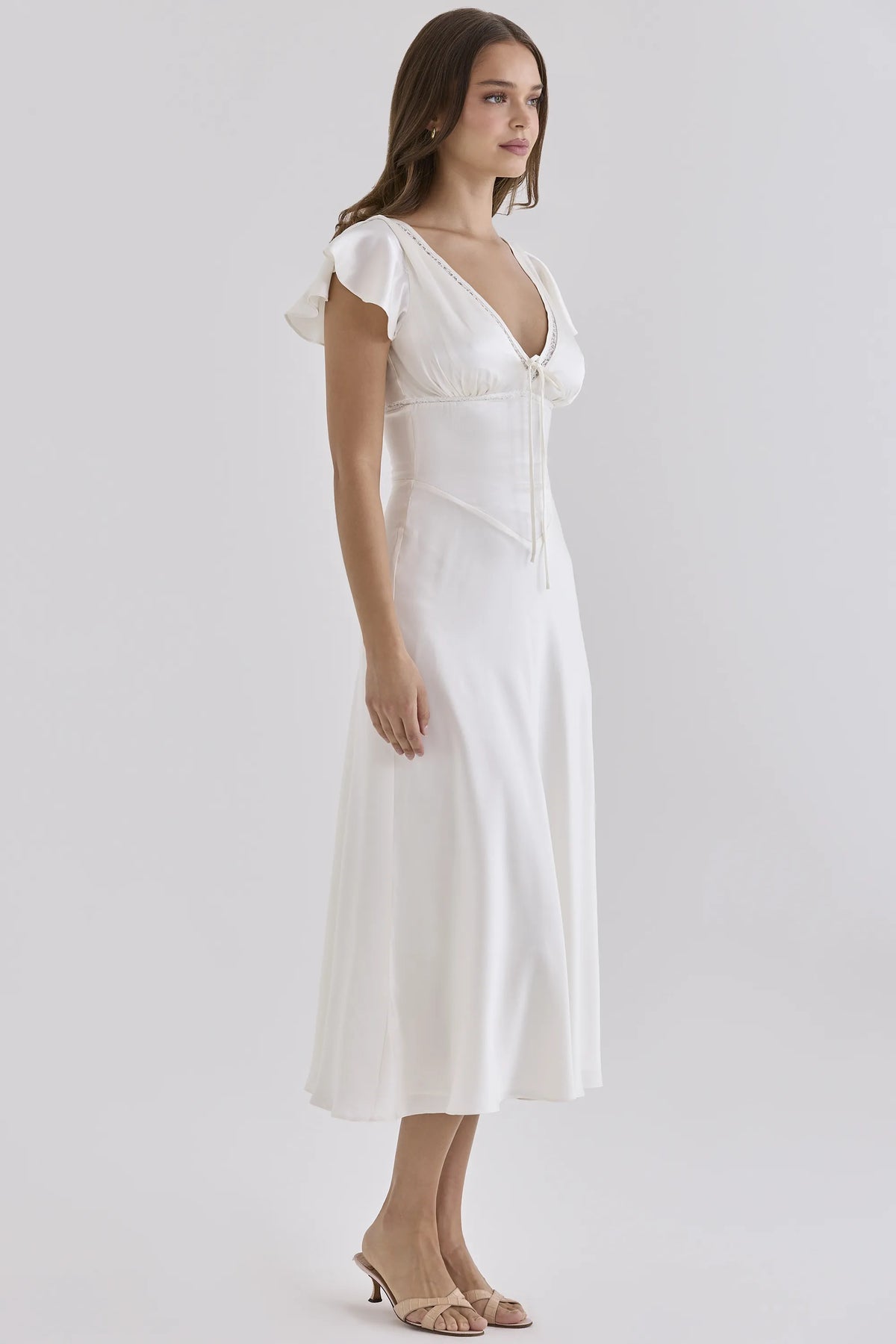 Ravella Ivory Real Silk V-Neck Midi Tea Dress