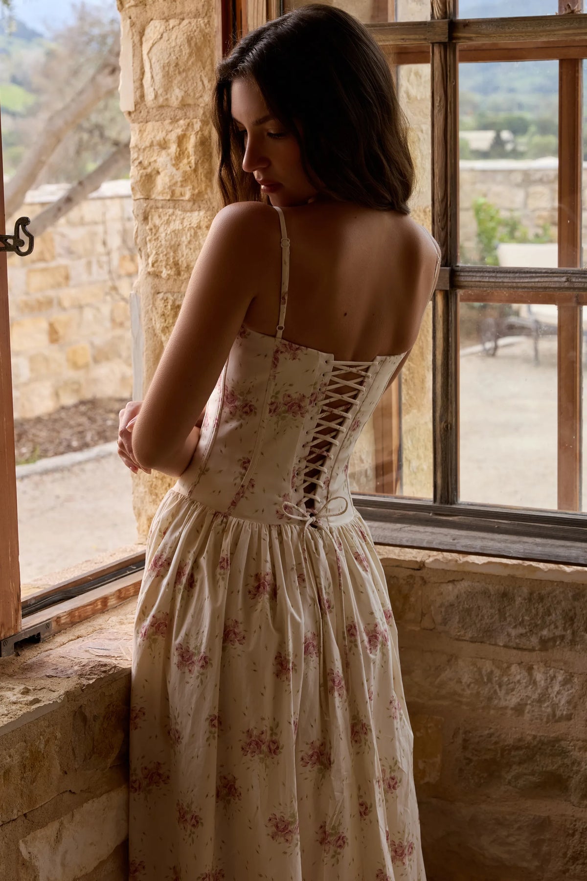 Rona Ivory Vintage Rose Print Cotton Maxi Dress